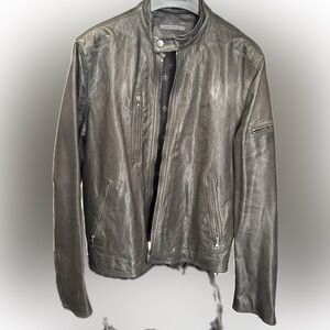 John Varvatos Men's Charcoal Gray Leather Bomber Jacket